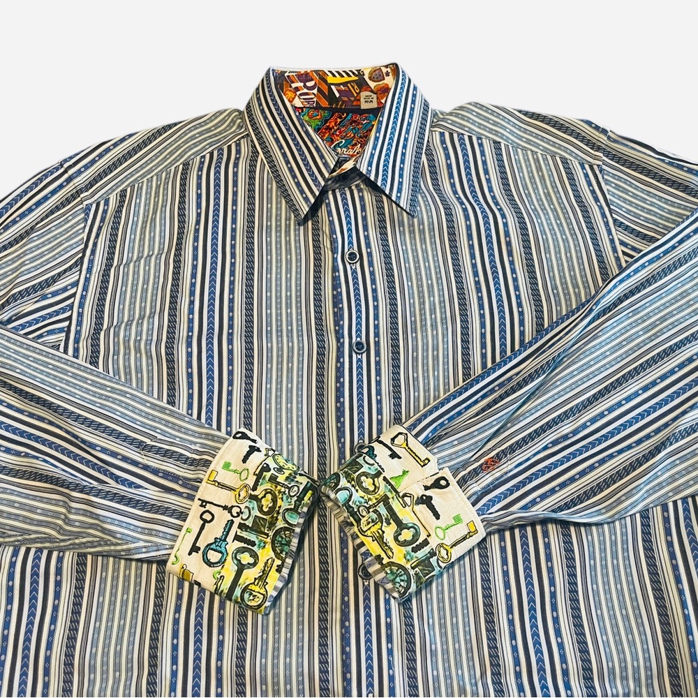 Robert Graham Button Up Shirt Keys Flip Cuff Striped Long Sleeve Mens Medium